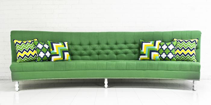 Custom Curved Mademoiselle Sofa in Green Linen