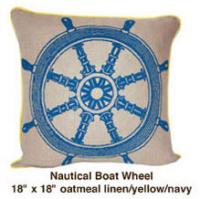 Nautical Boat Wheel Oatmeal Linen  / Yellow / Navy