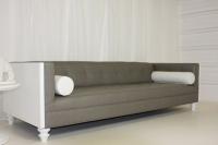 Koening Sofa in Gray/Blue Faux Leather with White High Gloss Sides