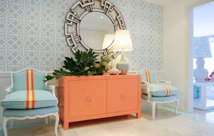 entryway-room-blue-orange-decor-credenza-nailhead-trim